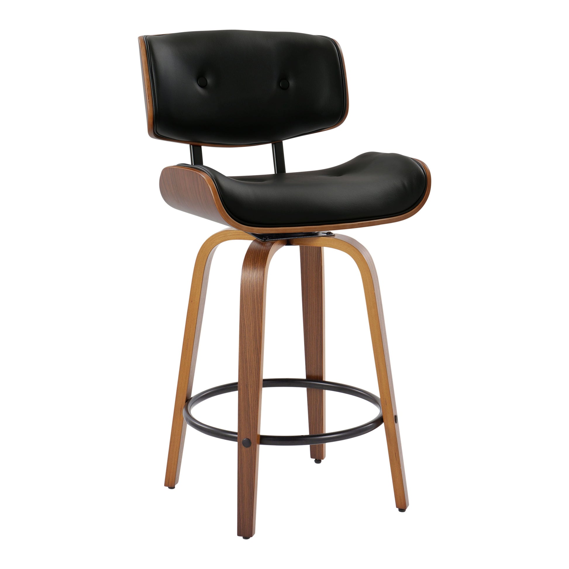 The Lombardi Mid-Century Modern Fixed Height Counter Stool Set of 2 showcases a curved wooden frame, cushioned black seat and backrest, circular metal footrest, and angled legs.