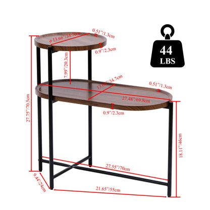 The Round Coffee Table With Storage Tray is a 2-tier oval wooden side table for living rooms, featuring black metal legs. Top shelf: 13.66" x 9.06"; lower shelf: 27.48" x 9.06". Max weight: 44 lbs; all dimensions shown in red text.