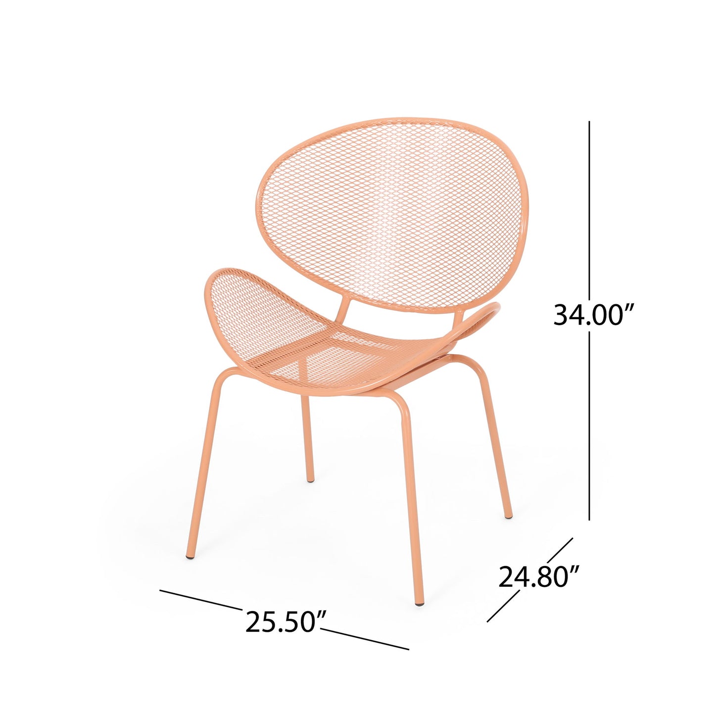 The Elba Contemporary Chair for outdoor relaxation is shown at an angle, featuring peach-colored metal with a mesh seat and backrest. Dimensions: 34.00" H x 25.50" D x 24.80" W.