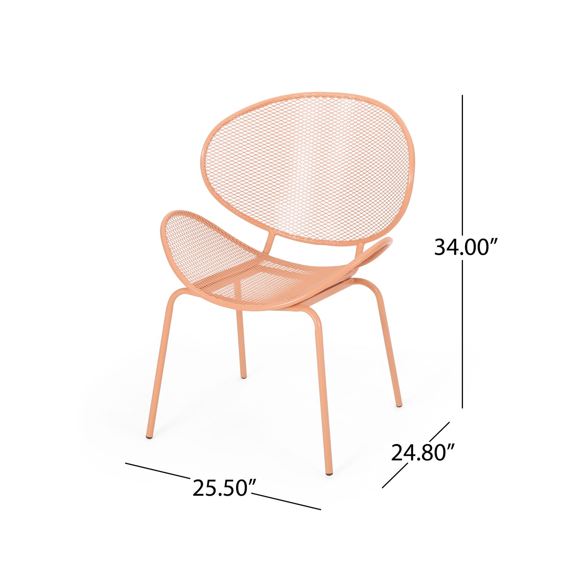 The Elba Contemporary Chair for outdoor relaxation is shown at an angle, featuring peach-colored metal with a mesh seat and backrest. Dimensions: 34.00" H x 25.50" D x 24.80" W.