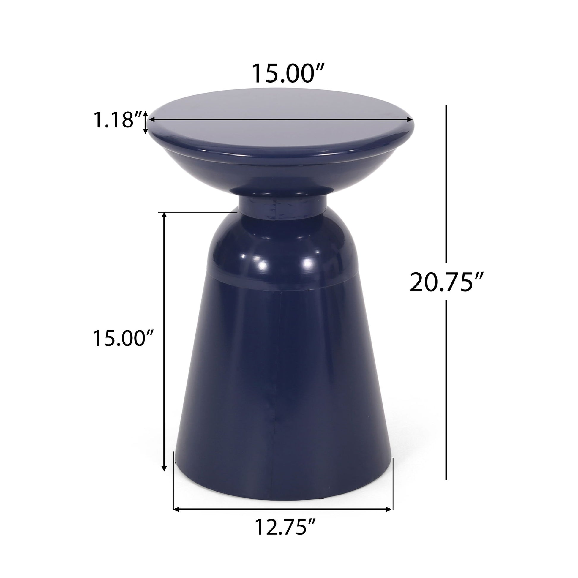 The Outdoor Modern Metal End Large Table features a glossy dark blue finish, a round 15" top, flared 12.75" base, stands 20.75" high, and has a 1.18"-thick tabletop. Measurements are shown in the image.
