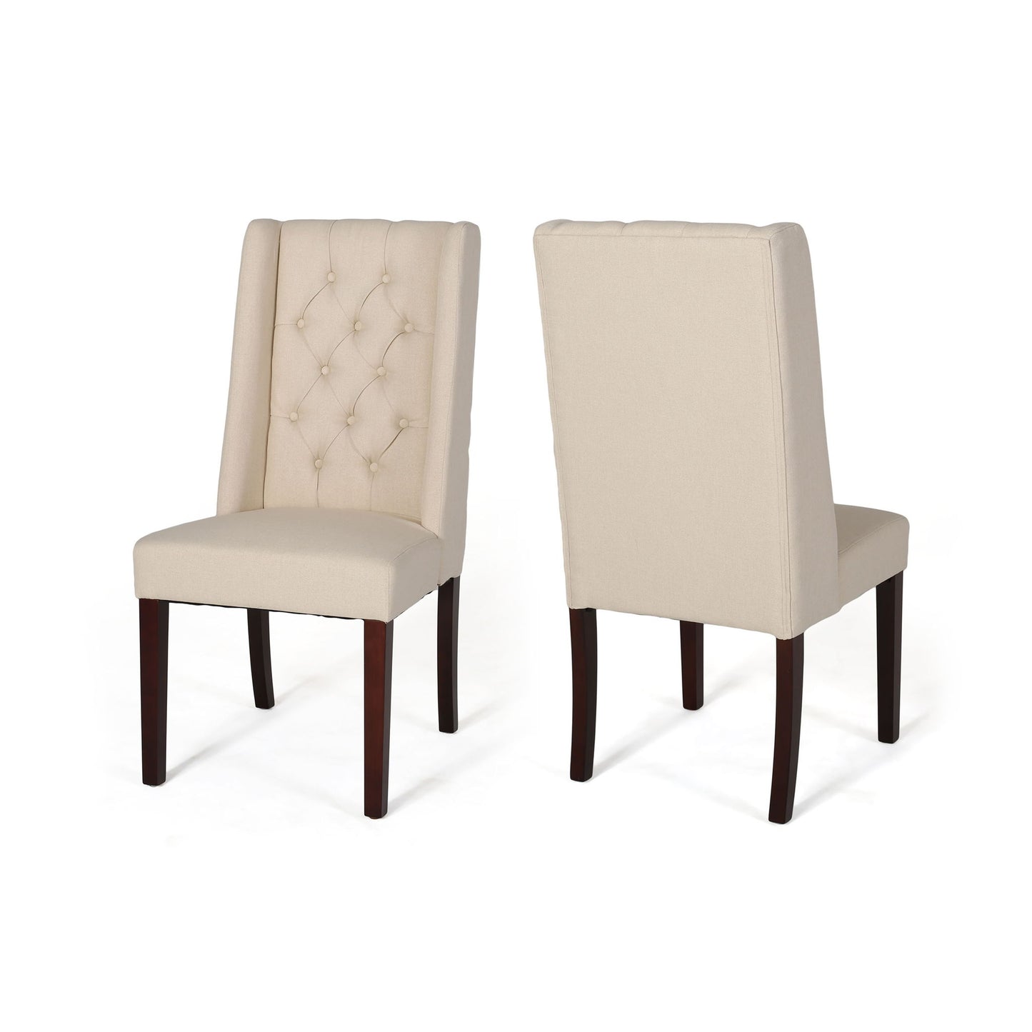 Two Sophisticated Tufted Dining Chairs With High Back Design in beige upholstery and dark wooden legs—one displayed forward to show the button-tufted backrest, the other shown from behind.