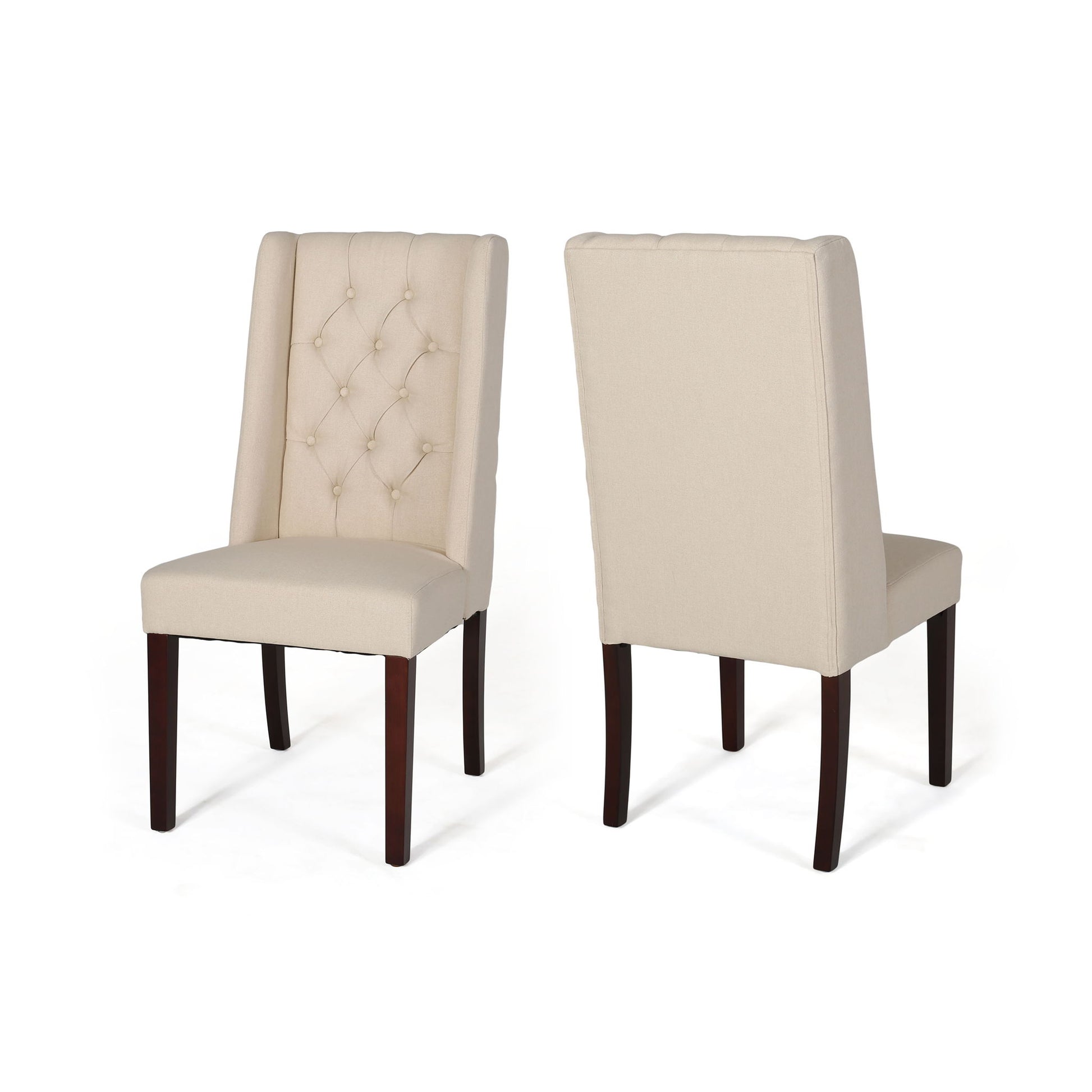 Two Sophisticated Tufted Dining Chairs With High Back Design in beige upholstery and dark wooden legs—one displayed forward to show the button-tufted backrest, the other shown from behind.