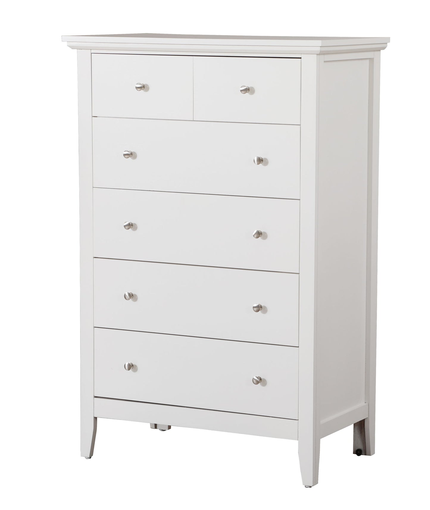 The Hammond Chest is a tall white wooden dresser with seven drawers, each with a round silver knob, featuring a simple modern design, clean lines, and a smooth finish.