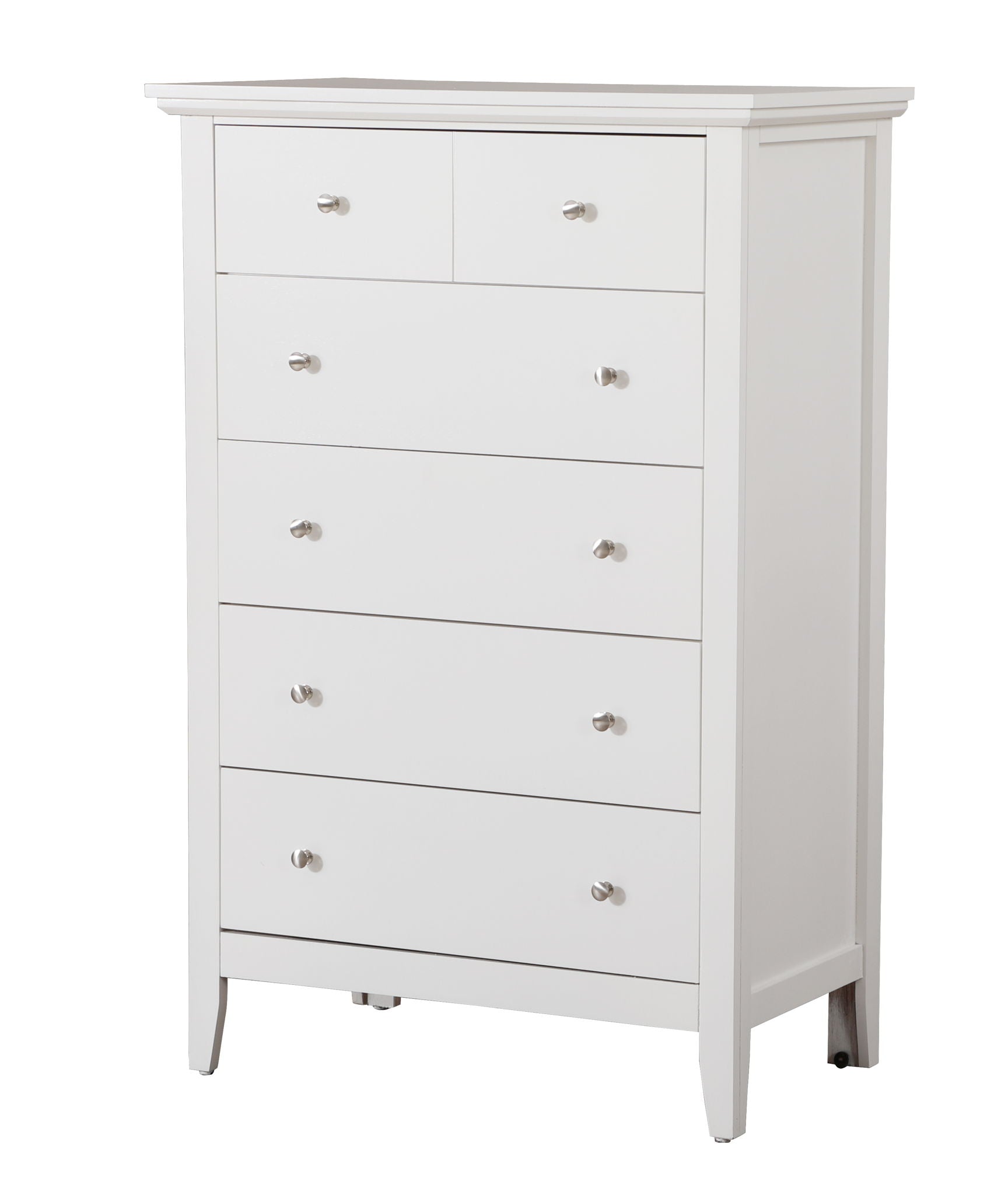 The Hammond Chest is a tall white wooden dresser with seven drawers, each with a round silver knob, featuring a simple modern design, clean lines, and a smooth finish.