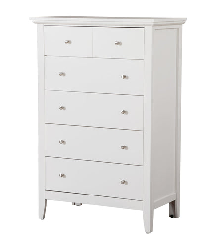 The Hammond Chest is a tall white wooden dresser with seven drawers, each with a round silver knob, featuring a simple modern design, clean lines, and a smooth finish.