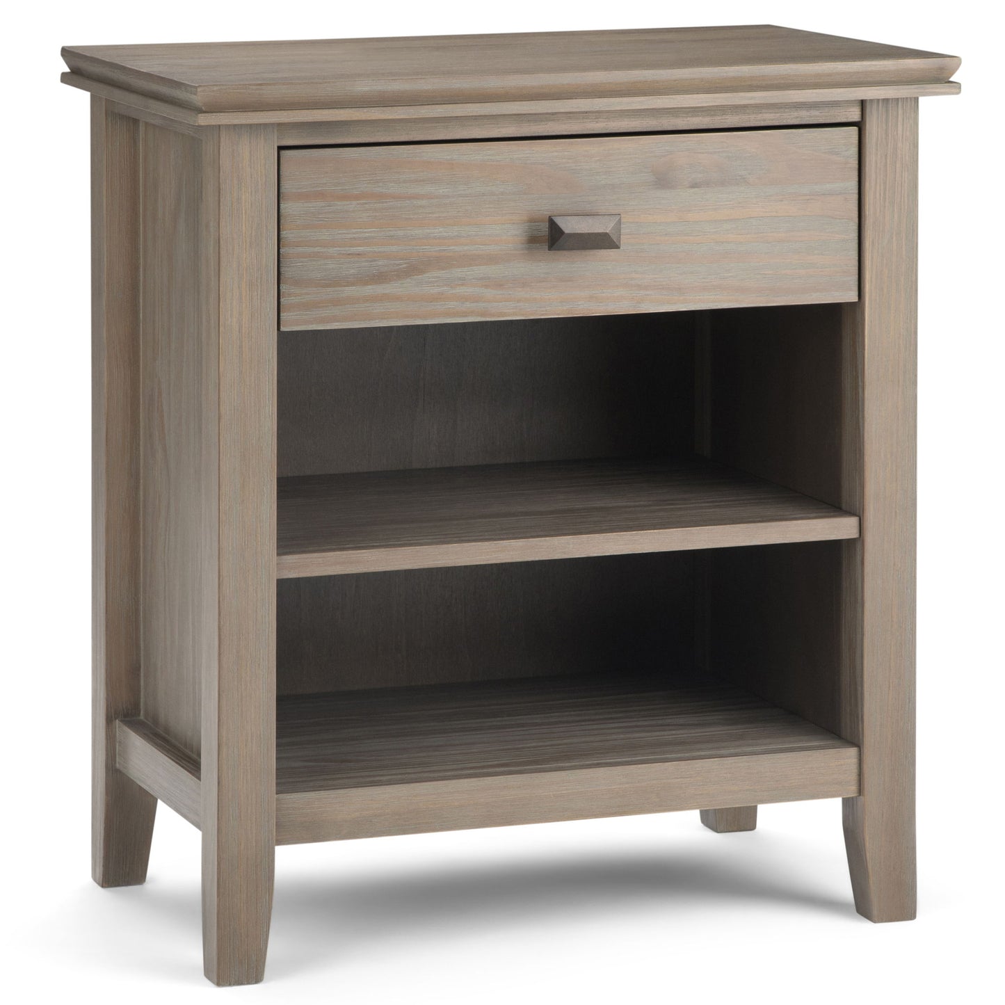 The Artisan - Handcrafted Bedside Table is a wooden nightstand in light brown, featuring one drawer with a square knob, two open shelves below, and stands on four legs.