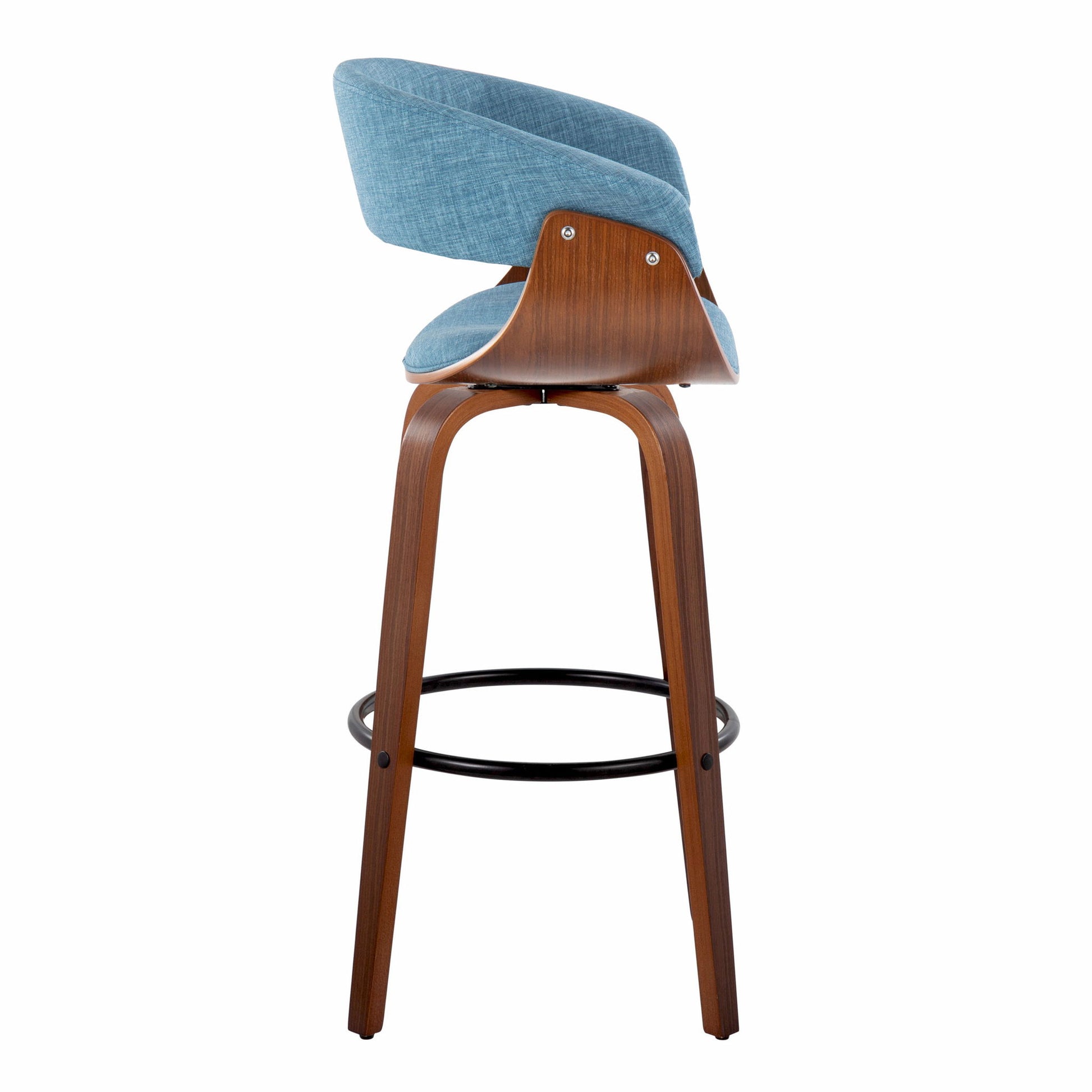 The Vintage Mod Mid Century Modern Barstool (Set of 2) features a curved wooden frame, round footrest, and light blue upholstered seat and backrest, shown from the side against a white background.