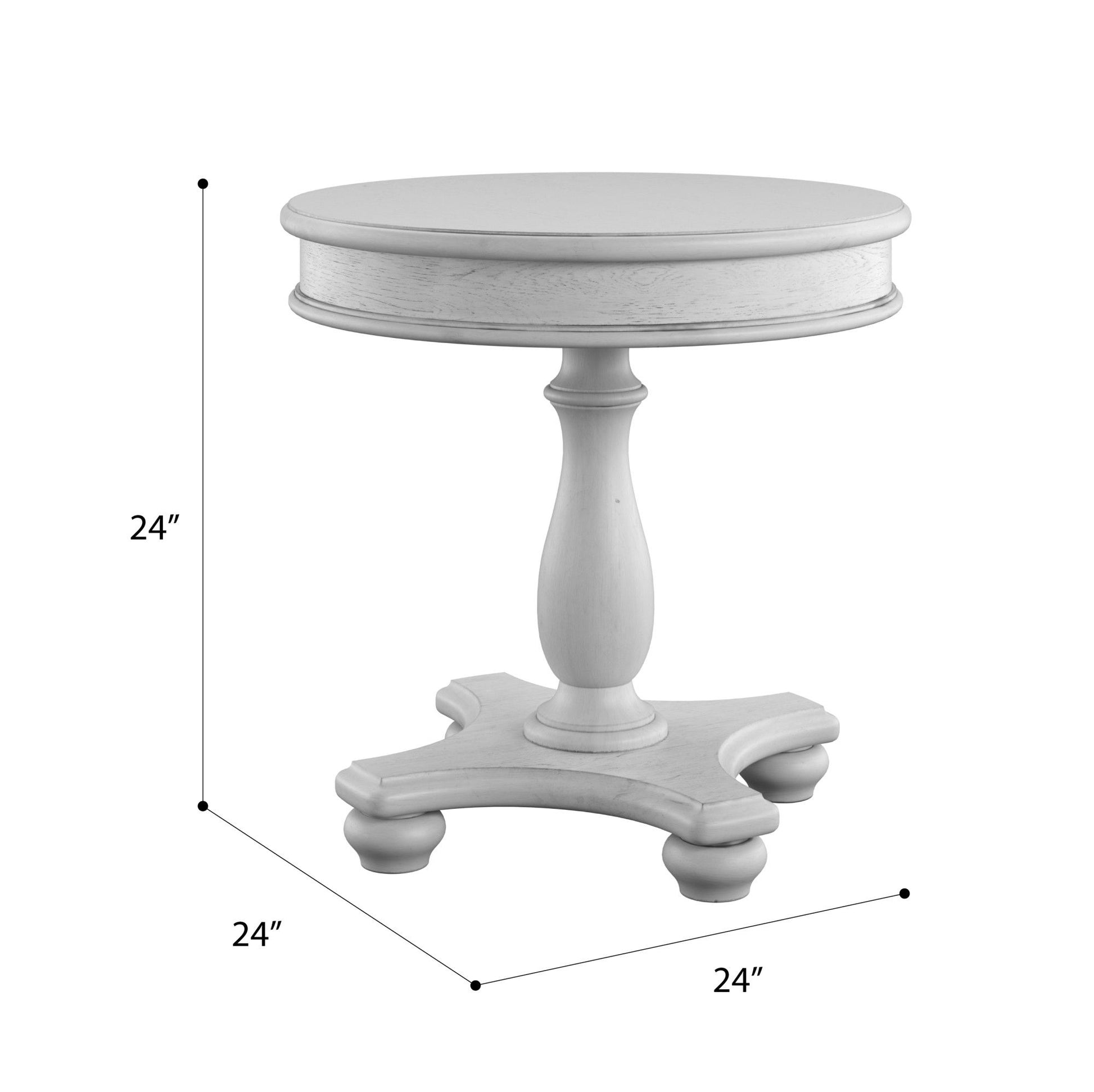 The Mariano Round End Table features a gray finish, a single pedestal base with four curved feet, and measures 24" in diameter by 24" high.
