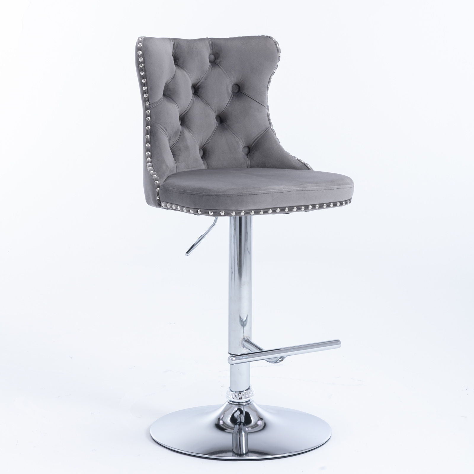 The Swivel Velvet Barstools, set of 2, feature tufted grey backs, chrome adjustable bases (25-33" seat height), round cushioned seats, silver nailhead trim, and footrests—perfect for home pubs or kitchen islands. Shown on a plain white background.