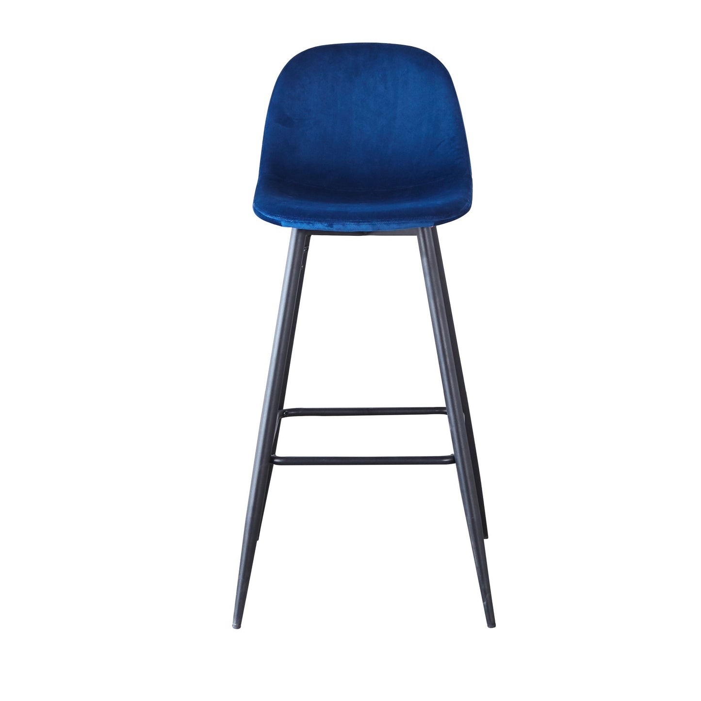 The Velvet Barstool With Back (Set of 2) features a blue cushioned seat, curved backrest, and four slender black metal legs with a footrest, shown against a white background.