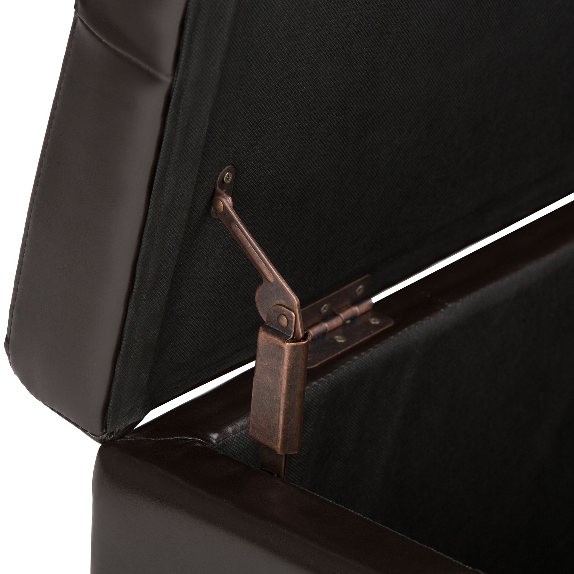 Close-up of the Castleford - Contemporary Storage Ottoman in dark brown, featuring an open lid, visible interior, and metal hinge connecting the lid to the base.