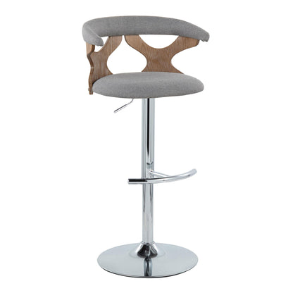 The Gardenia Contemporary Adjustable Barstool (Set of 2) features a gray cushioned seat, curved open wooden backrest, swivel, and a chrome pedestal base with a rounded T footrest.