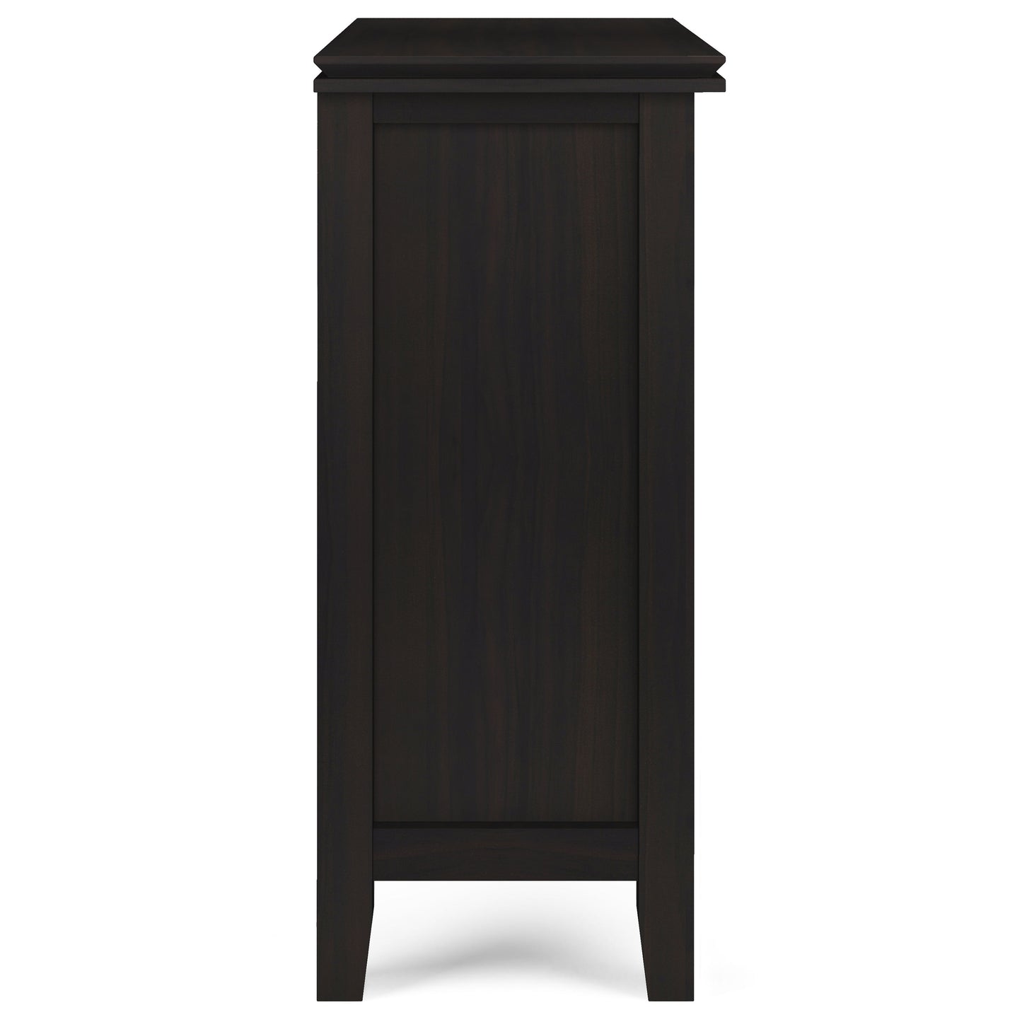 Side view of the Couch.com Artisan Low Storage Cabinet in Hickory Brown, featuring wood construction, a dark brown finish, flat top, simple straight legs, and built-in storage.