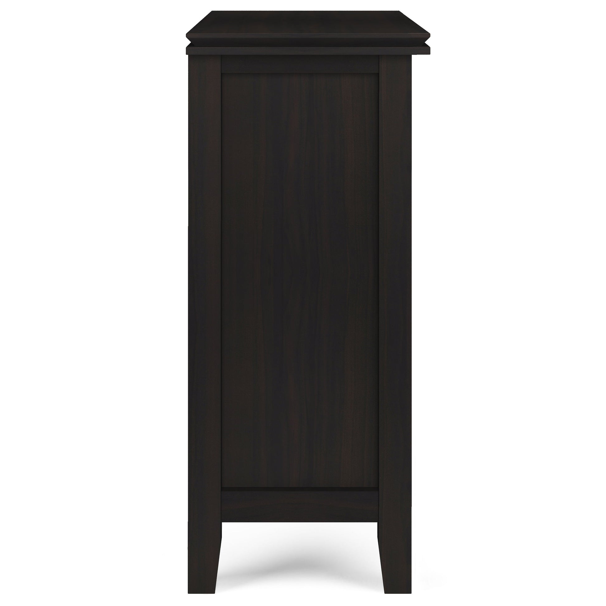 Side view of the Couch.com Artisan Low Storage Cabinet in Hickory Brown, featuring wood construction, a dark brown finish, flat top, simple straight legs, and built-in storage.