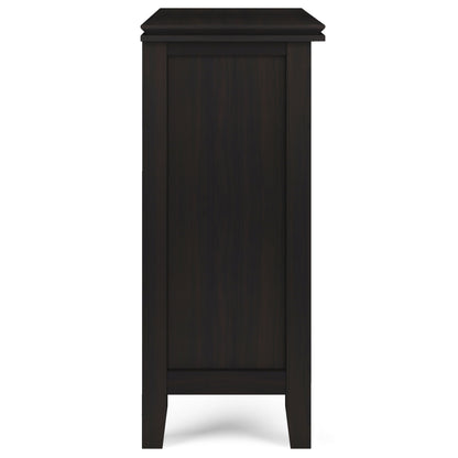 Side view of the Couch.com Artisan Low Storage Cabinet in Hickory Brown, featuring wood construction, a dark brown finish, flat top, simple straight legs, and built-in storage.