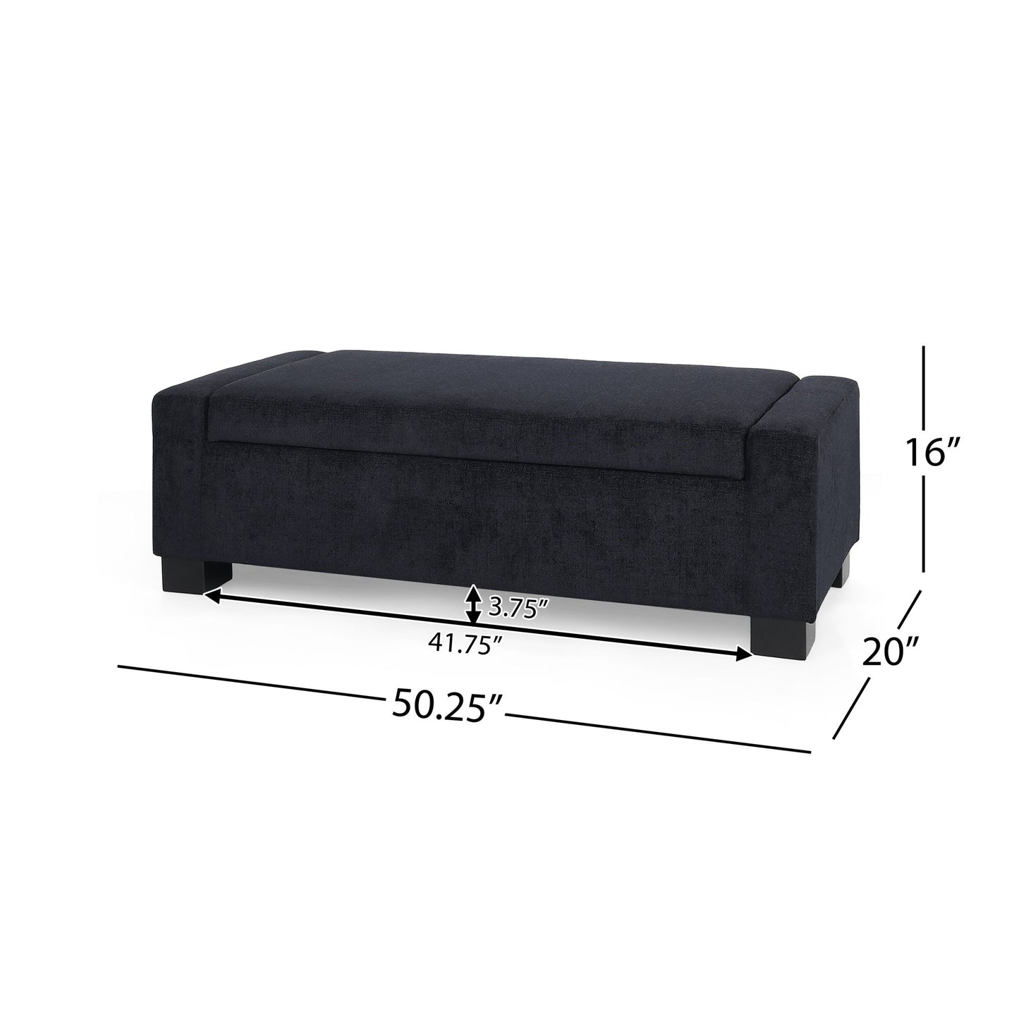 The Textured Fabric Ottoman Bench With Hinged Lid is rectangular, black, measures 16"H x 20"D x 50.25"W, features short black legs, and has an inner compartment sized 3.75"D x 41.75"W.