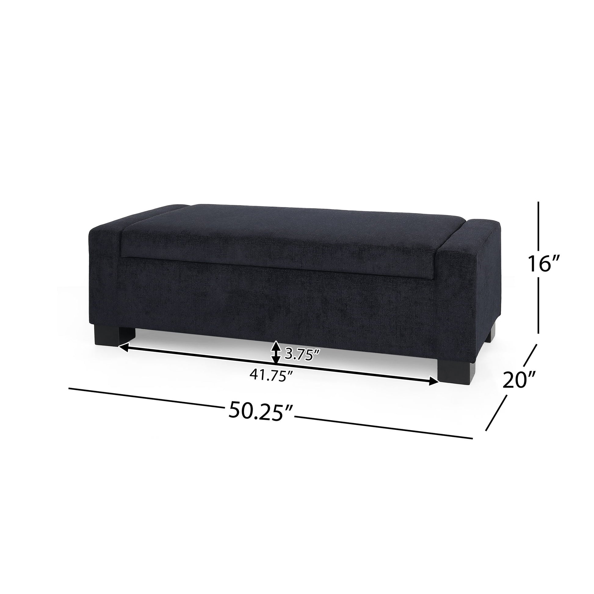 The Textured Fabric Ottoman Bench With Hinged Lid is rectangular, black, measures 16"H x 20"D x 50.25"W, features short black legs, and has an inner compartment sized 3.75"D x 41.75"W.