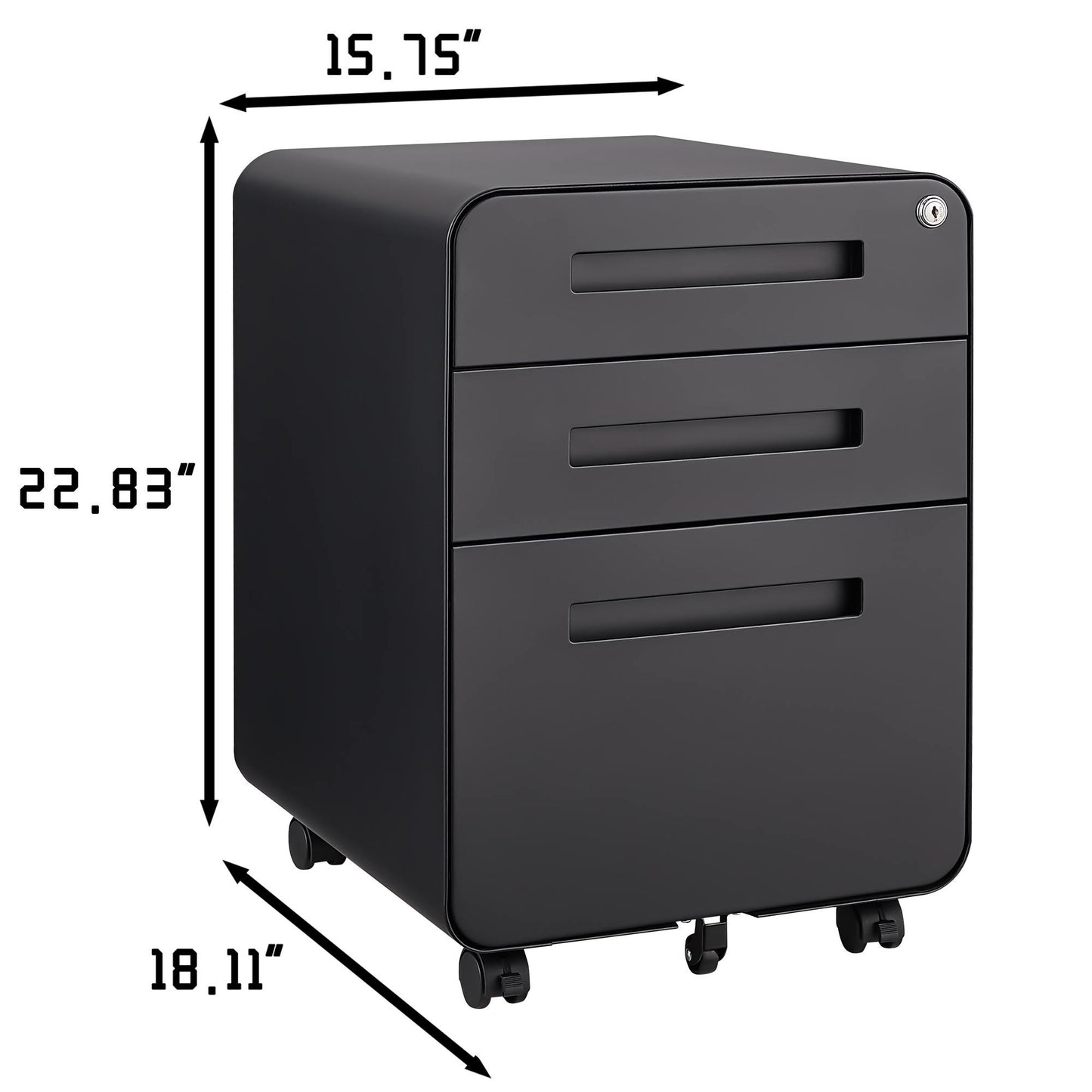 The 3 Drawer Mobile File Cabinet features a simple, waterproof cold-rolled steel design with five wheels for mobility and anti-tilting. It fits under desks and holds legal, letter, or A4 files. Measures 22.83" H x 15.75" W x 18.11" D.