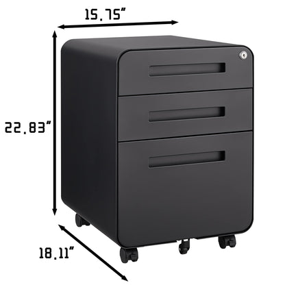 The 3 Drawer Mobile File Cabinet features a simple, waterproof cold-rolled steel design with five wheels for mobility and anti-tilting. It fits under desks and holds legal, letter, or A4 files. Measures 22.83" H x 15.75" W x 18.11" D.