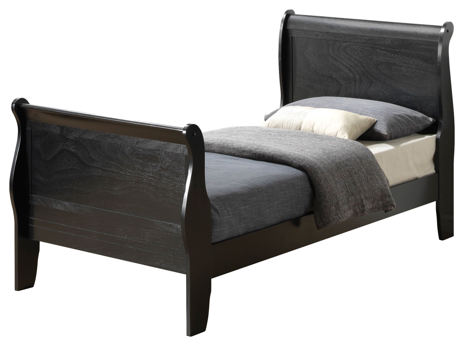 The Panel Sleigh Bed features a dark wood frame with high headboard and footboard, dressed in gray bedding, a beige pillow, and a gray blanket.