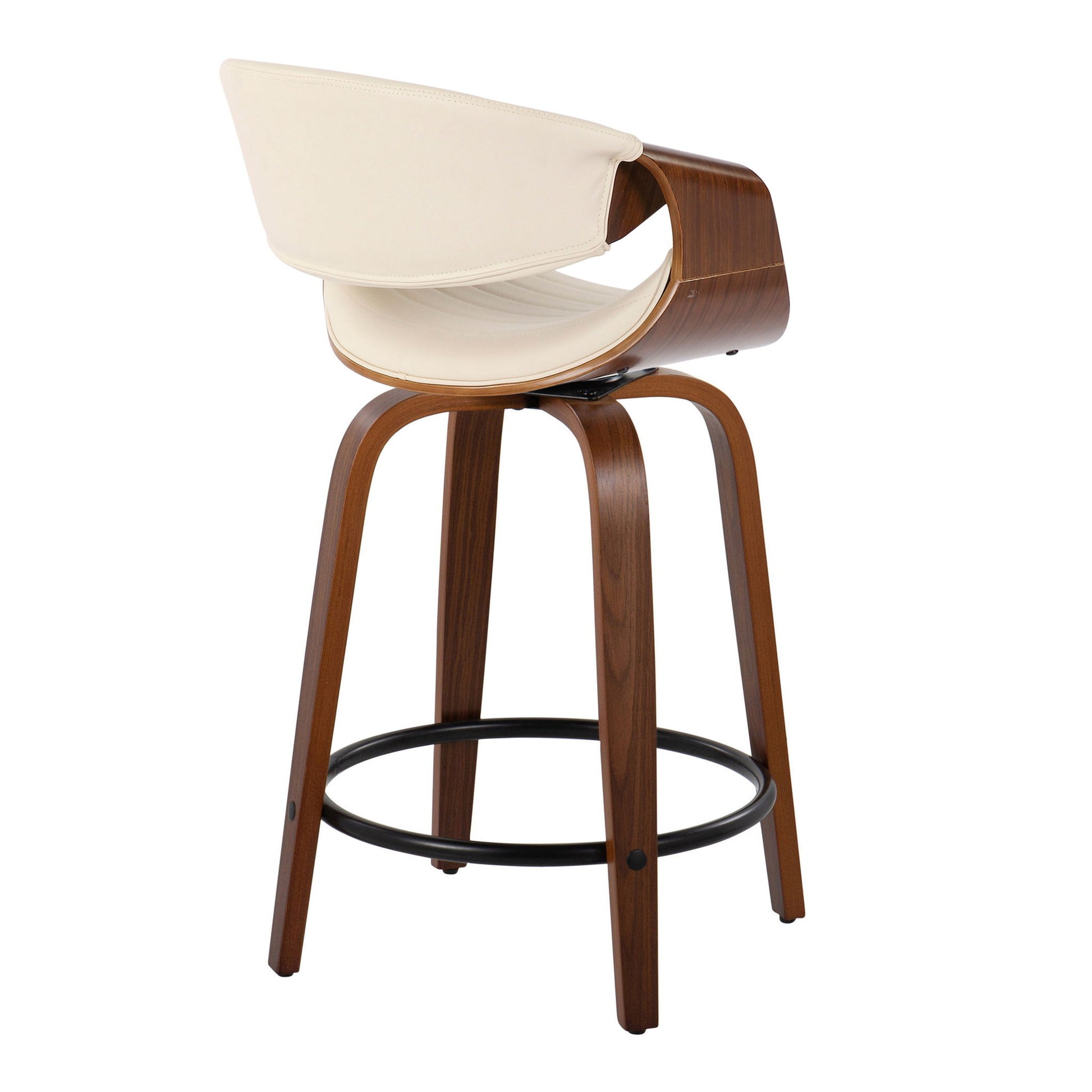 The Symphony Mid Century Modern Counter Stool (Set of 2) features a curved wooden frame, cream cushioned backrest and seat, round black metal footrest, and four angled wooden legs with a fixed height and swivel.