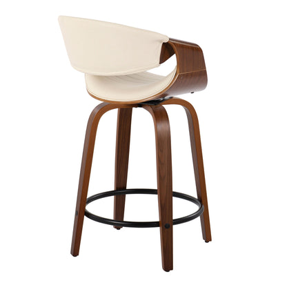 The Symphony Mid Century Modern Counter Stool (Set of 2) features a curved wooden frame, cream cushioned backrest and seat, round black metal footrest, and four angled wooden legs with a fixed height and swivel.