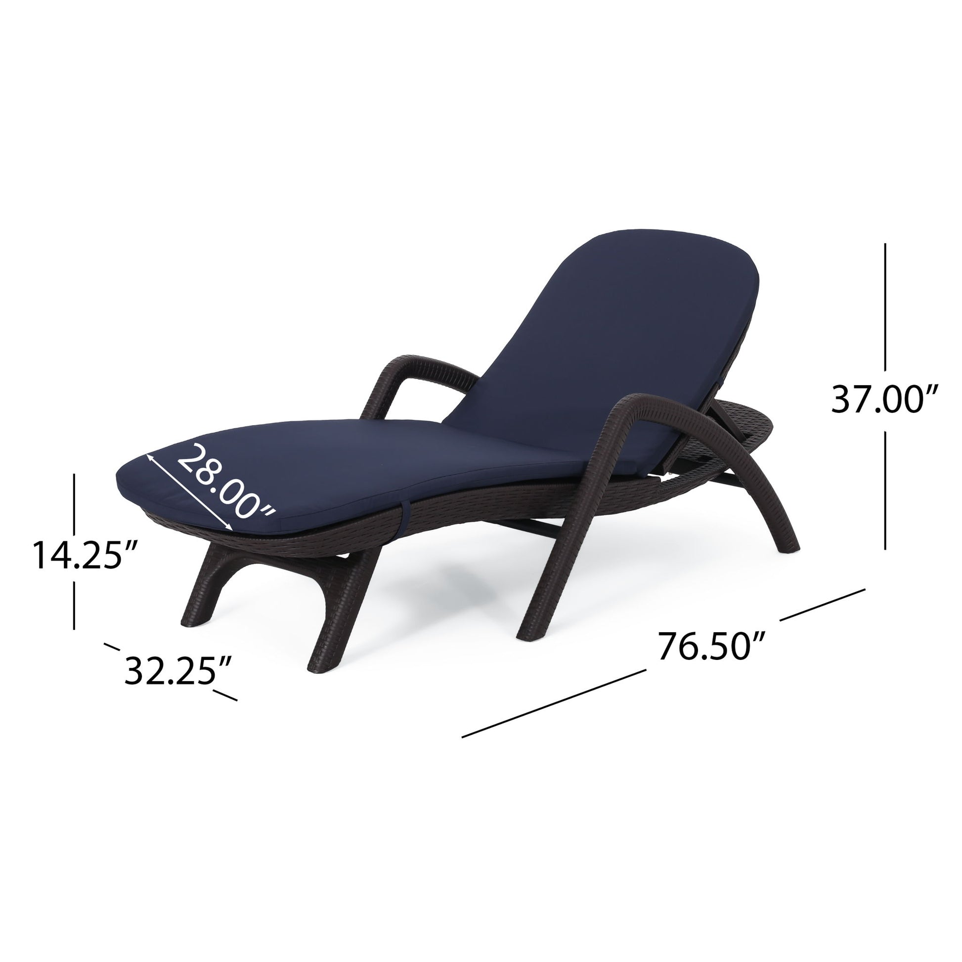 The Mikael - Chaise Lounge With Cushion features a navy blue cushion and dark frame. Dimensions: height 37", seat height 14.25", width 28", length 76.5", leg extension 32.25".
