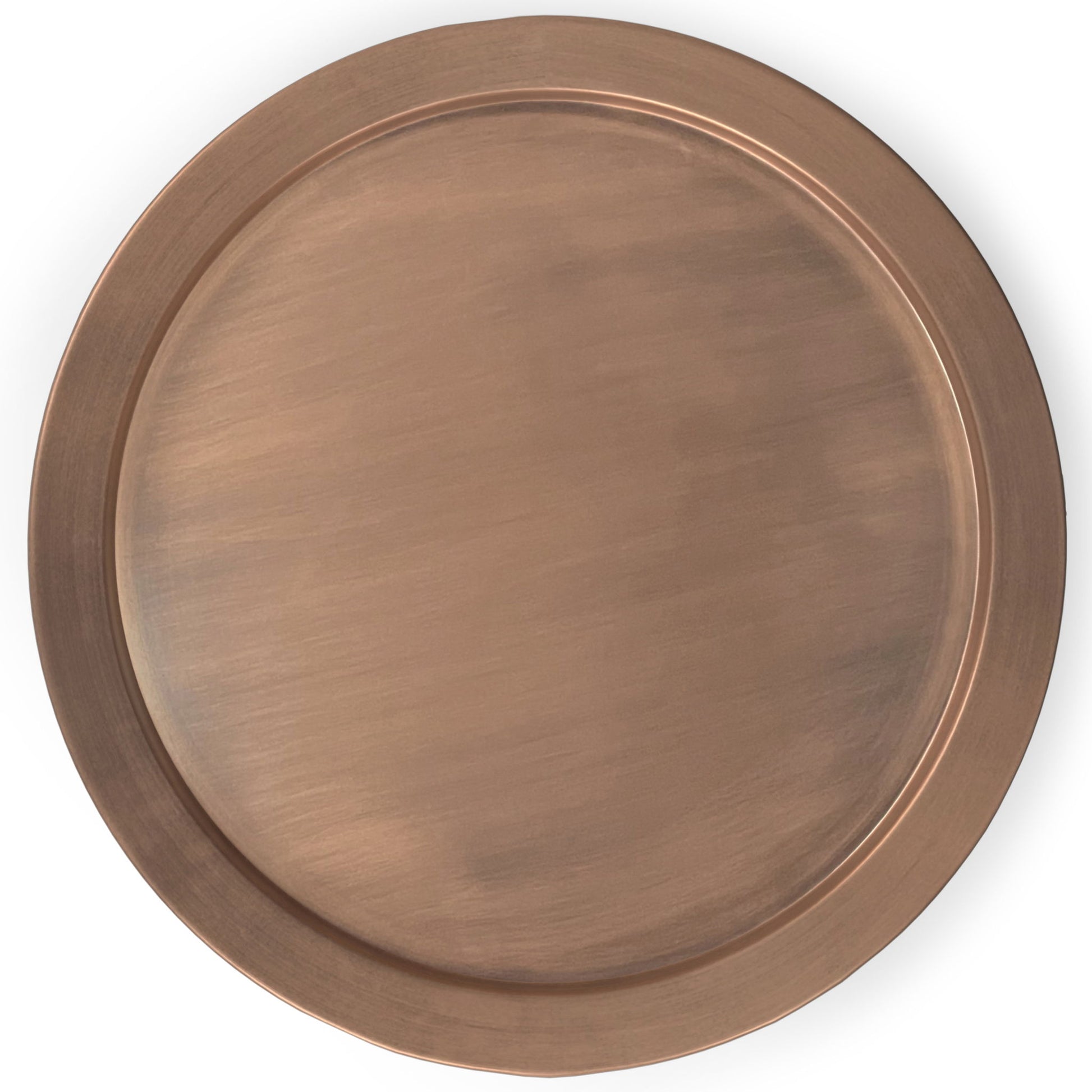 The Corbin - Handcrafted Metal Side Table features a round, flat metallic surface with a brushed copper finish and a slightly raised rim, shown against a white background.