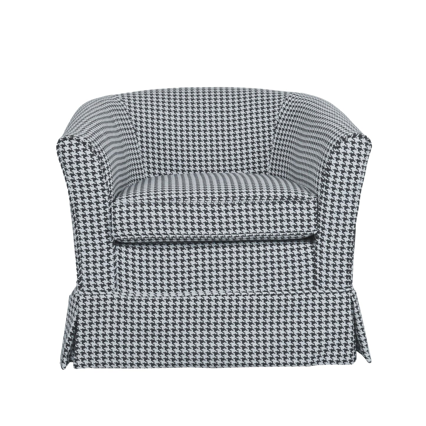 The Zeniqua Upholstered Velvet Swivel Chair with Loose Cover features a black and white houndstooth pattern, flared arms, and a skirted base, shown here from the front.