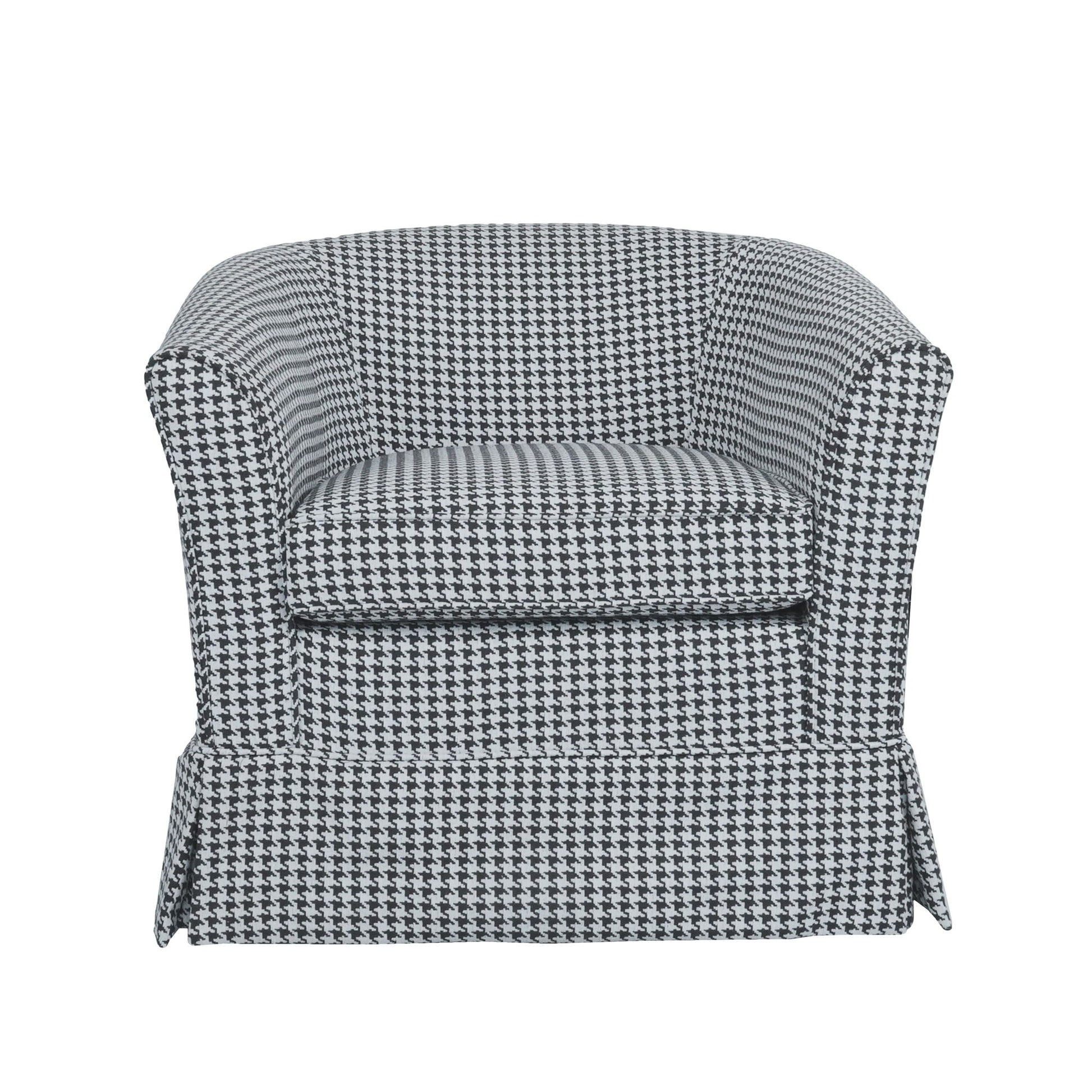The Zeniqua Upholstered Velvet Swivel Chair with Loose Cover features a black and white houndstooth pattern, flared arms, and a skirted base, shown here from the front.
