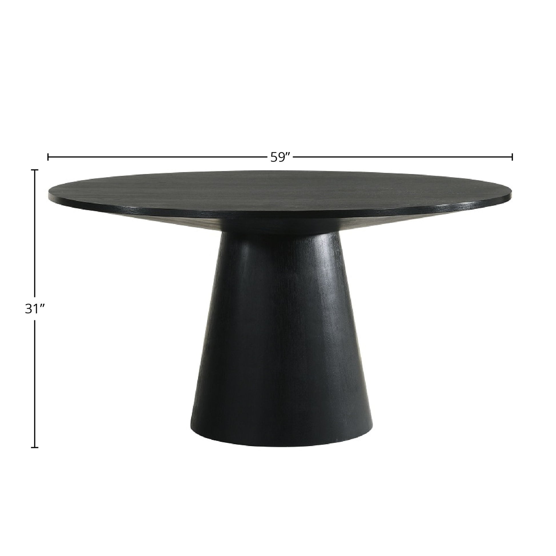 The Froja is a black, round dining table made of manufactured wood with a conical base, measuring 59" in diameter and 31" high.