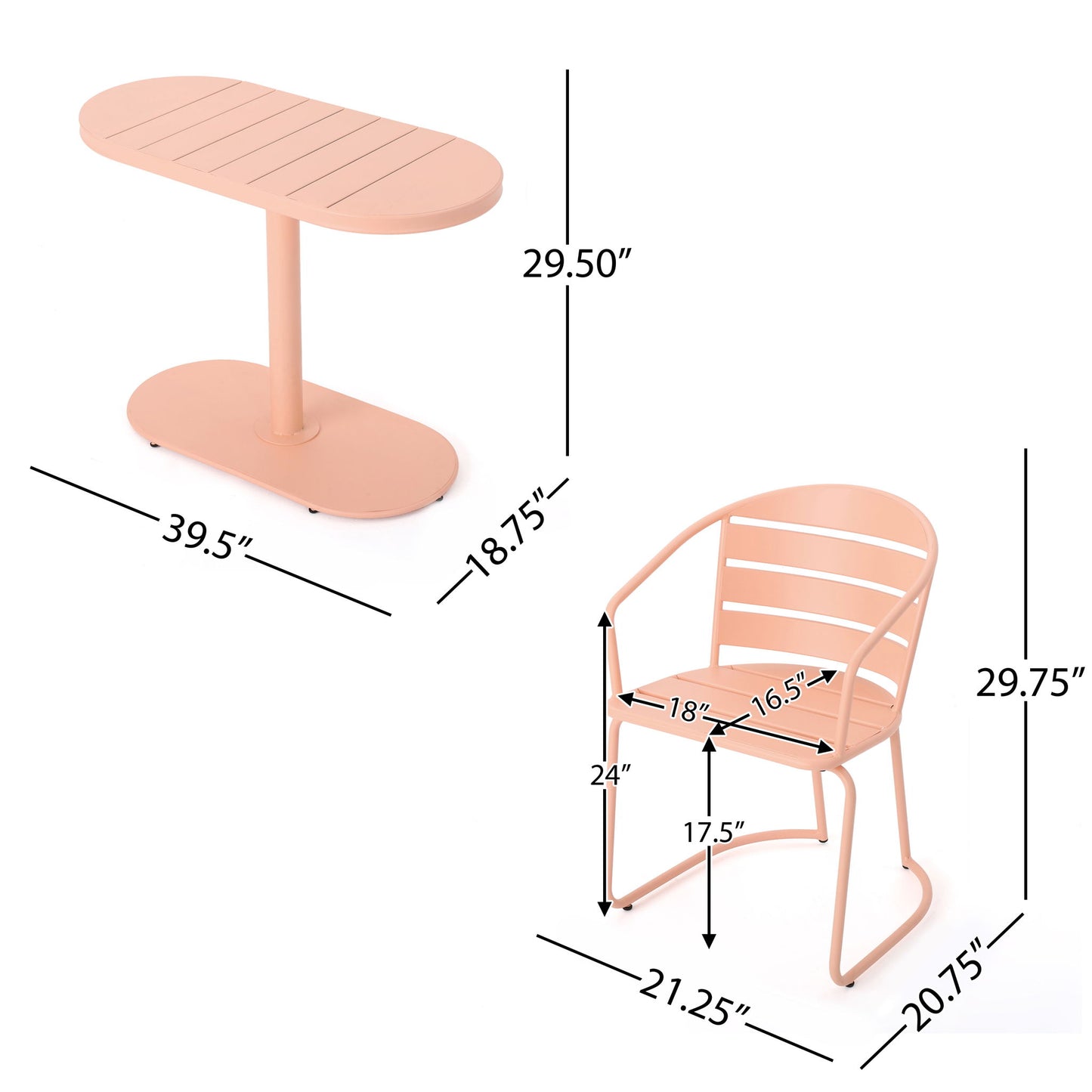 The 3 Piece Elegant Outdoor Bistro Set features peach-colored chairs (21.25"W x 20.75"D x 29.75"H, seat/backrest detailed) and an oval table (39.5"L x 18.75"W x 29.5"H), all shown with black dimension lines.