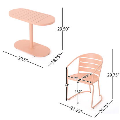 The 3 Piece Elegant Outdoor Bistro Set features peach-colored chairs (21.25"W x 20.75"D x 29.75"H, seat/backrest detailed) and an oval table (39.5"L x 18.75"W x 29.5"H), all shown with black dimension lines.