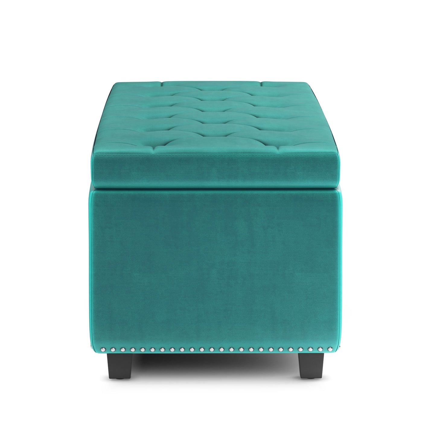 The Hamilton Upholstered Storage Ottoman features teal fabric, a tufted top, silver nailhead trim at the base, and short black legs. Shown from the front on a white background.