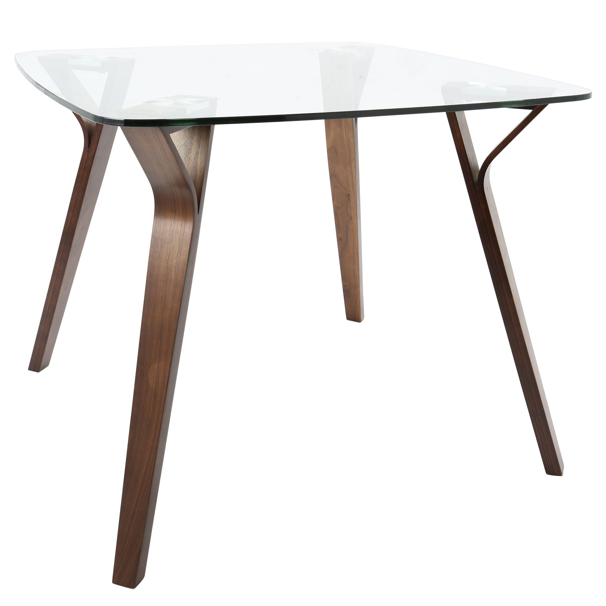 The Folia Mid Century Modern Dinette Table features a clear glass top, four angled wooden legs, and a sleek, minimalist design.