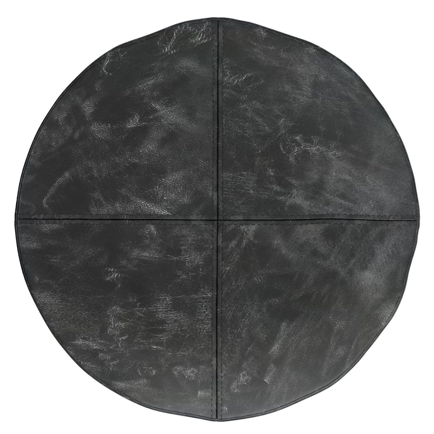 The Connor - Handcrafted Round Pouf features a black, leather-like surface divided into four equal sections with subtle lines, offering a textured and slightly worn look.