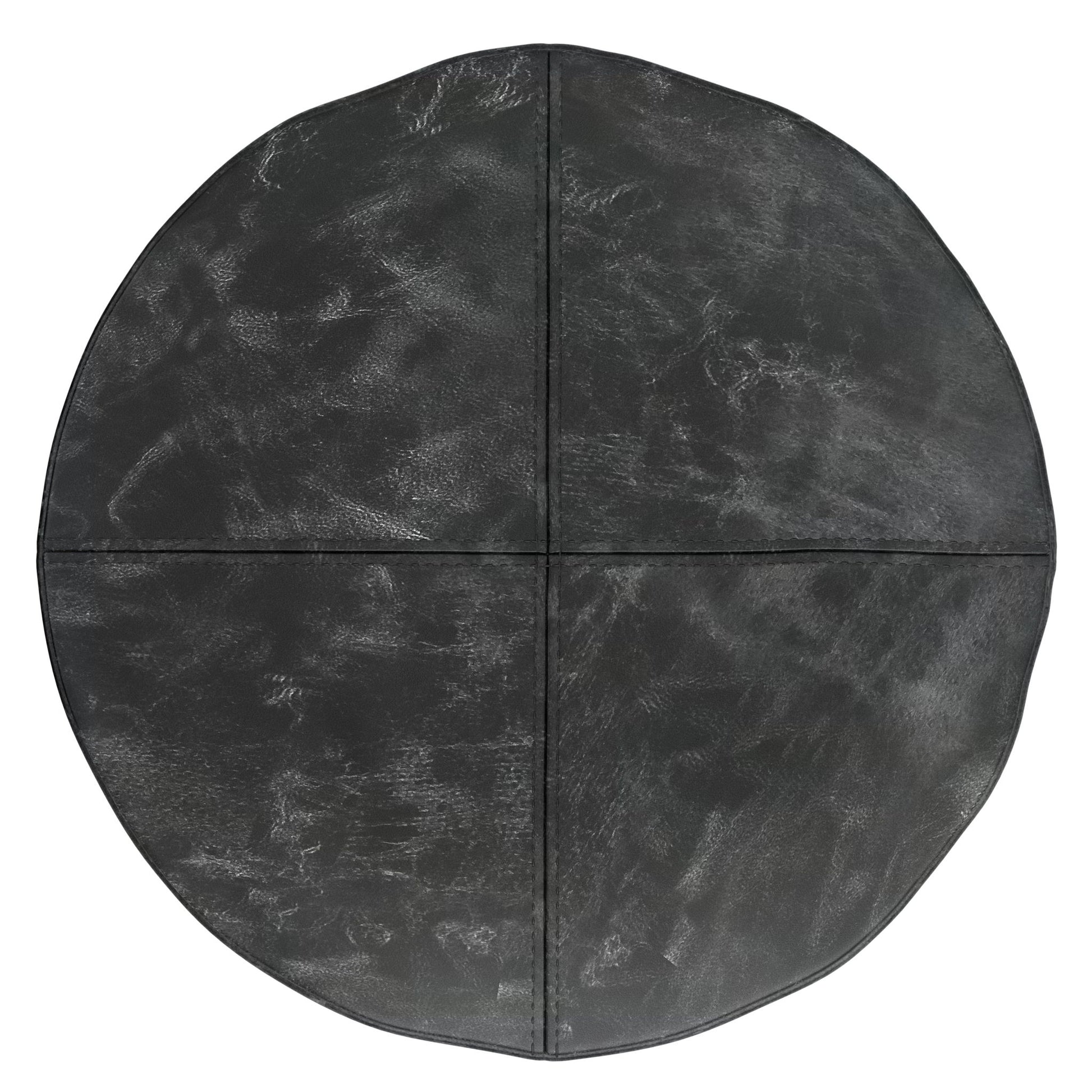The Connor - Handcrafted Round Pouf features a black, leather-like surface divided into four equal sections with subtle lines, offering a textured and slightly worn look.