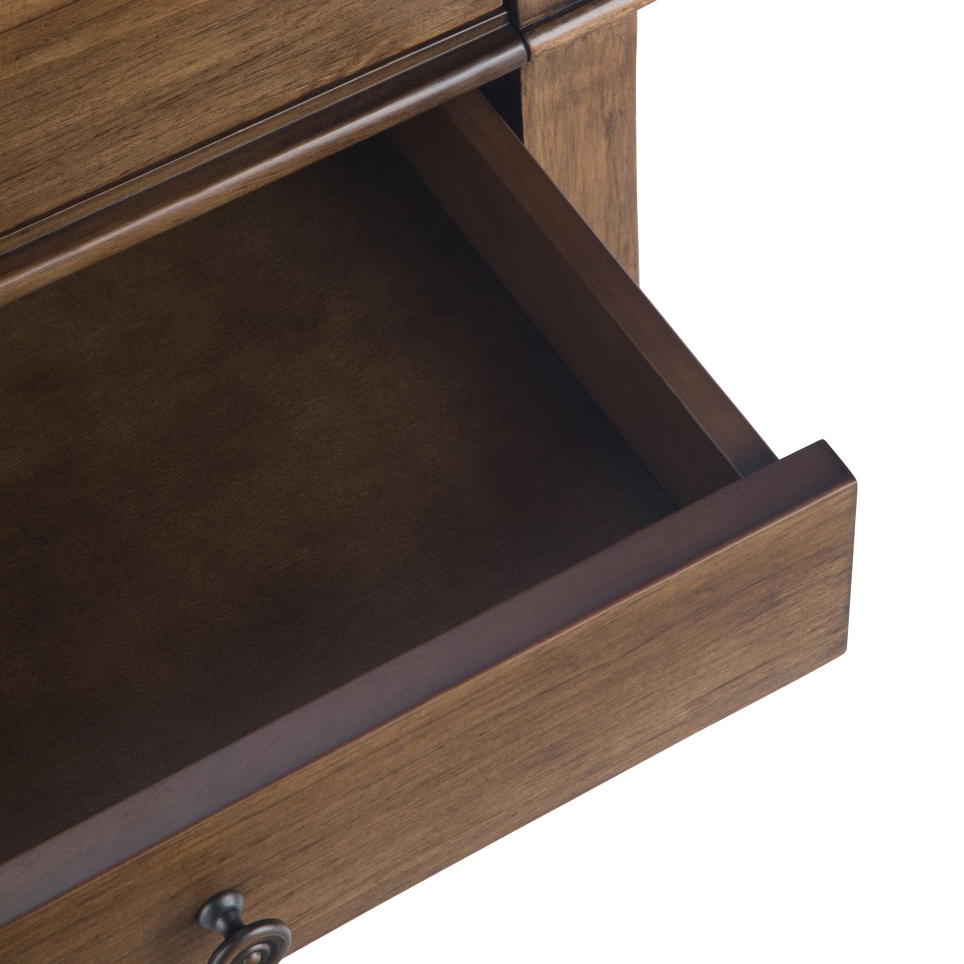 An open drawer with a metal knob reveals the empty interior of the Carlton Bedside Table, featuring a rustic natural aged brown wood grain finish.