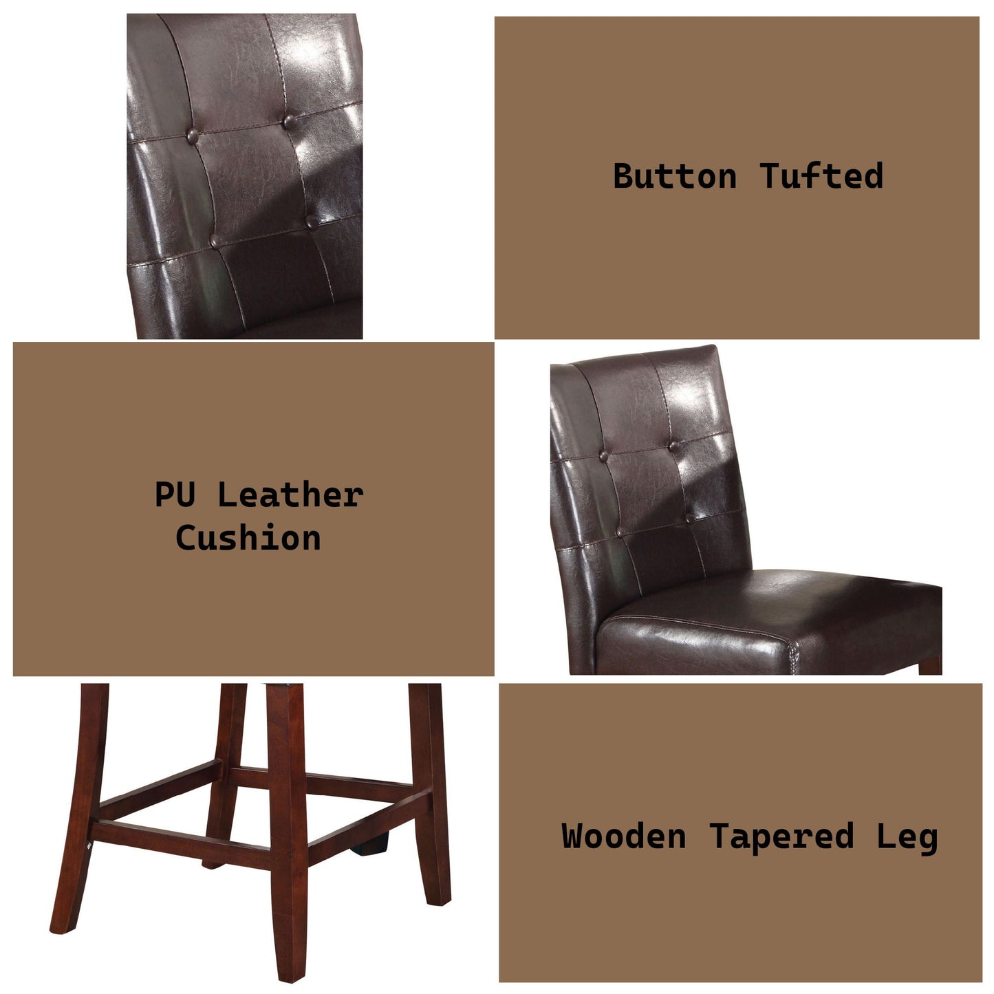 A collage shows the Britney Counter Height Chair (Set of 2) in Espresso, featuring brown PU leather button-tufted cushions and wooden tapered legs. Highlighted features: "Button Tufted," "PU Leather Cushion," "Wooden Tapered Leg.