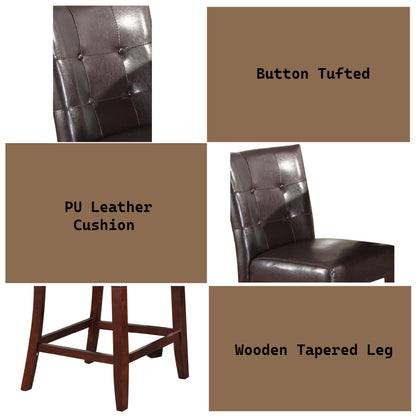 A collage shows the Britney Counter Height Chair (Set of 2) in Espresso, featuring brown PU leather button-tufted cushions and wooden tapered legs. Highlighted features: "Button Tufted," "PU Leather Cushion," "Wooden Tapered Leg.