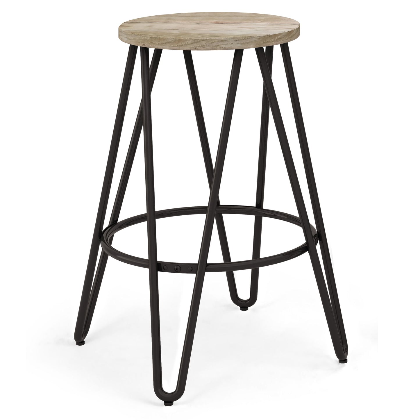 The Simeon Multifunctional Metal Stool features a round wood seat, black metal legs with a geometric crisscross design, and a circular footrest.