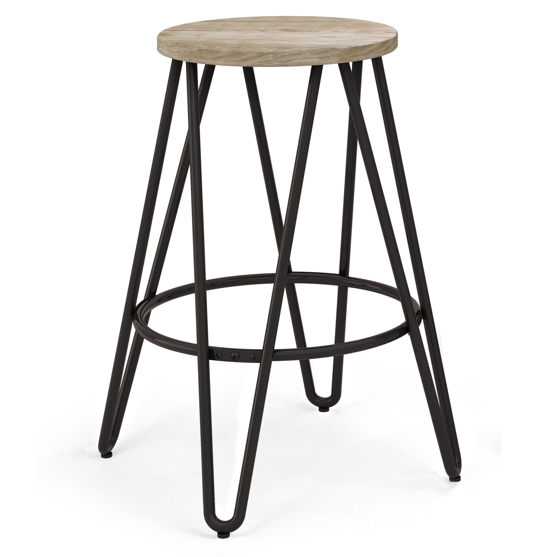 The Simeon Multifunctional Metal Stool features a round wood seat, black metal legs with a geometric crisscross design, and a circular footrest.