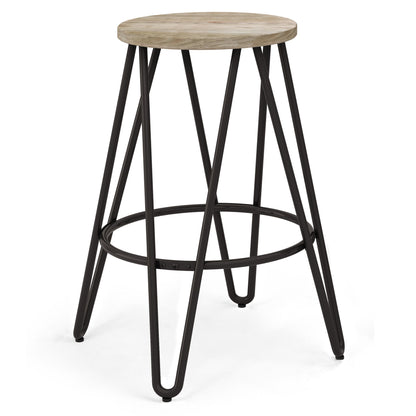 The Simeon Multifunctional Metal Stool features a round wood seat, black metal legs with a geometric crisscross design, and a circular footrest.