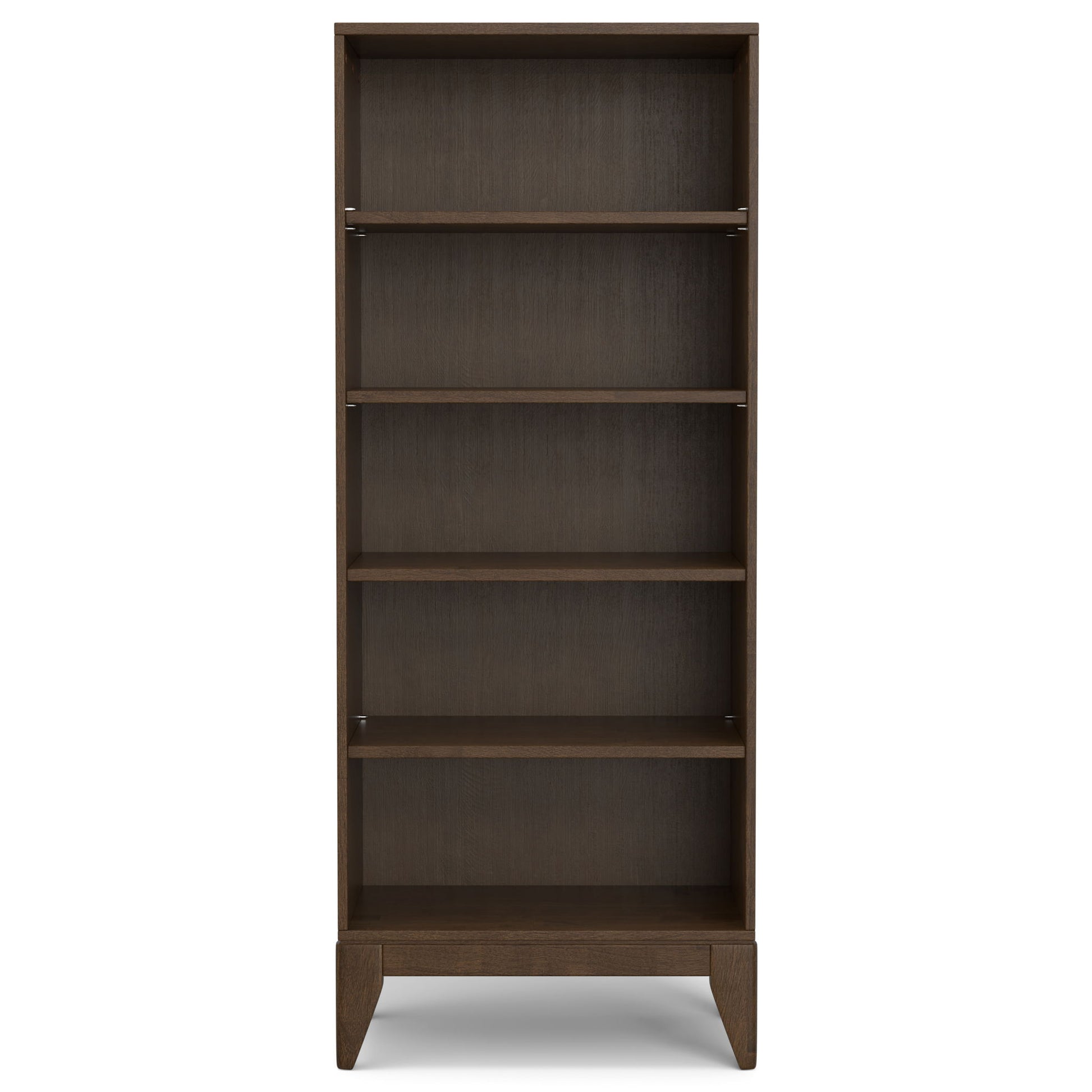 The Harper Handcrafted Bookcase With Storage features a tall, empty wooden design with five shelves, a dark brown finish, and short tapered legs.