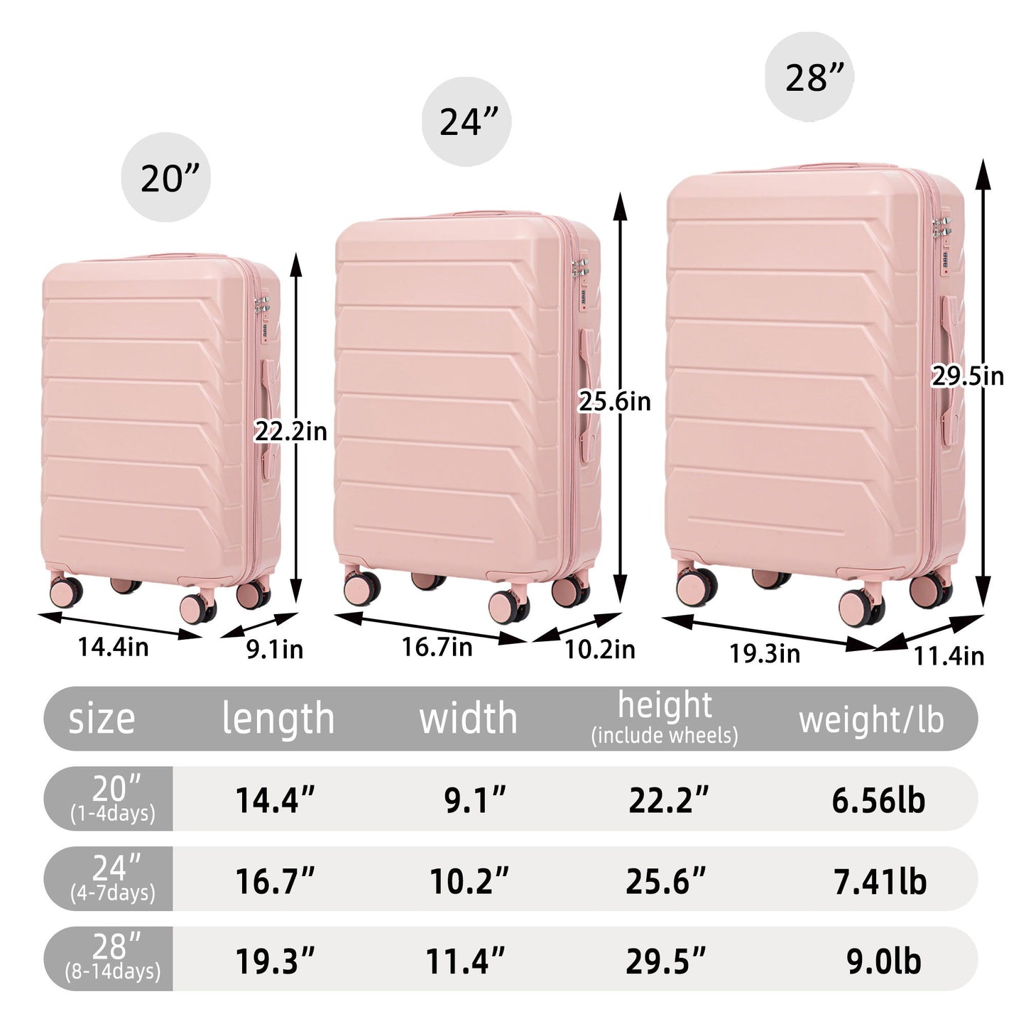 3 Pieces Set 20" / 24" / 28" Spinner Wheel Luggage With Combination Lock