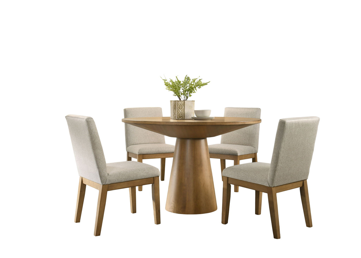 The Jasper Wide Contemporary Round Dining Table With Fabric Chairs Set features a round table with a pedestal base, four light gray cushioned chairs, and is styled with a small vase of greenery and two white cups on the tabletop.