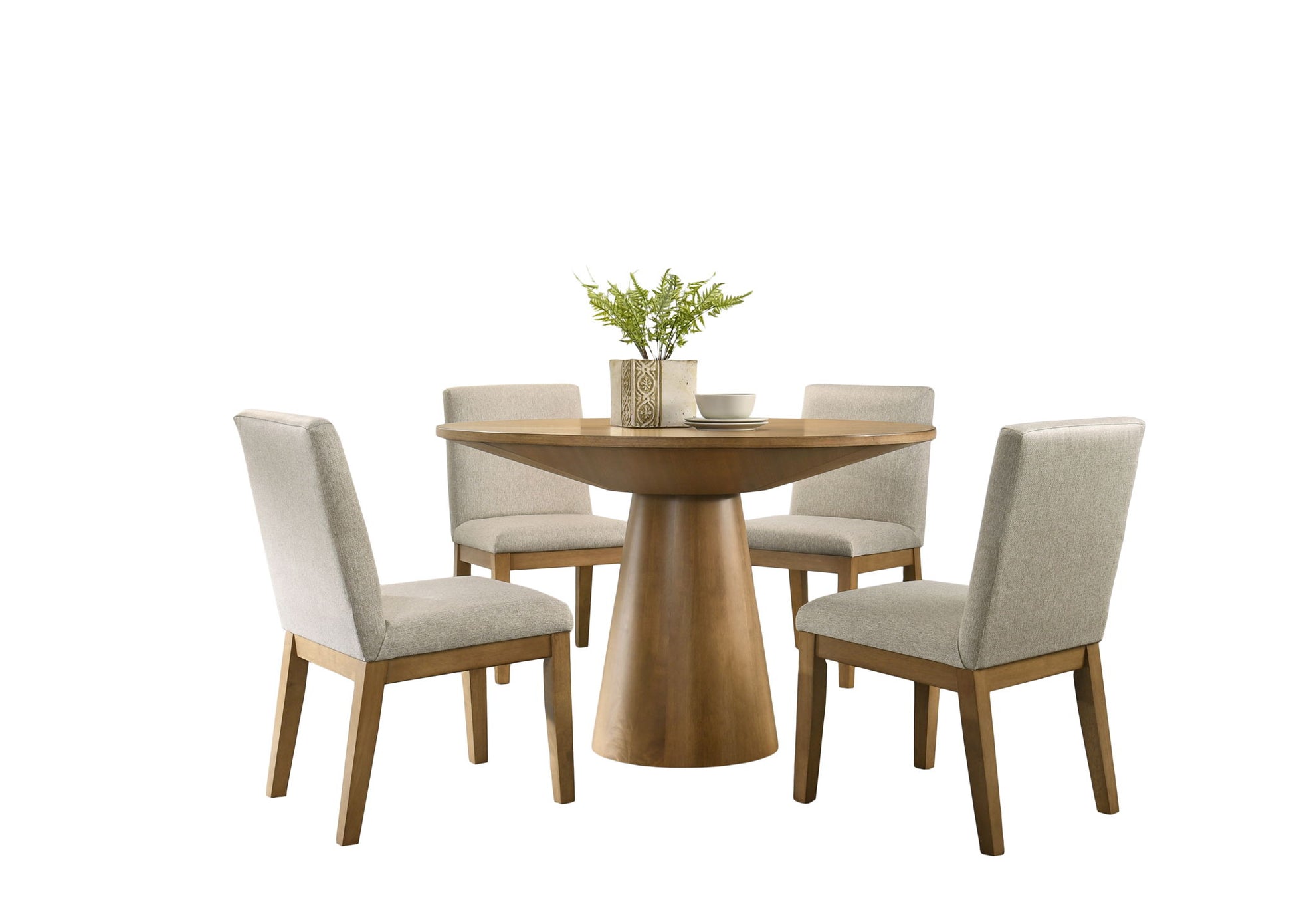 The Jasper Wide Contemporary Round Dining Table With Fabric Chairs Set features a round table with a pedestal base, four light gray cushioned chairs, and is styled with a small vase of greenery and two white cups on the tabletop.
