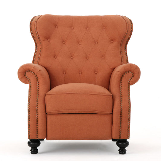 A Contemporary Style Push Back Recliner with button-tufted stitching and nailhead trim, featuring orange upholstery, rounded arms, and black wooden legs is shown against a white background.