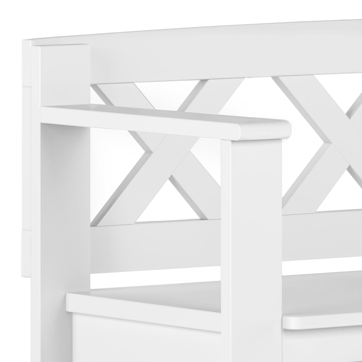 Close-up of the Amherst Small Transitional Entryway Storage Bench—a white wooden bench with an “X” backrest, flat armrests, and a smooth, minimalist design.